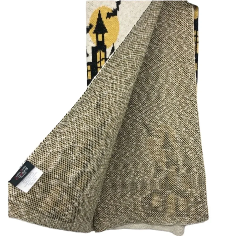 Cynthia‎ Rowley Halloween Haunted House Throw Blanket Beige Bats Pumpkins Decor